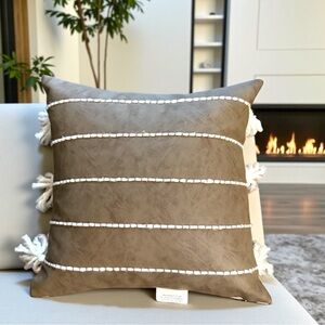 VILLA by CLASSIC HOME Vegan Leather Fringe Pillow Duck Feather Insert 18x18